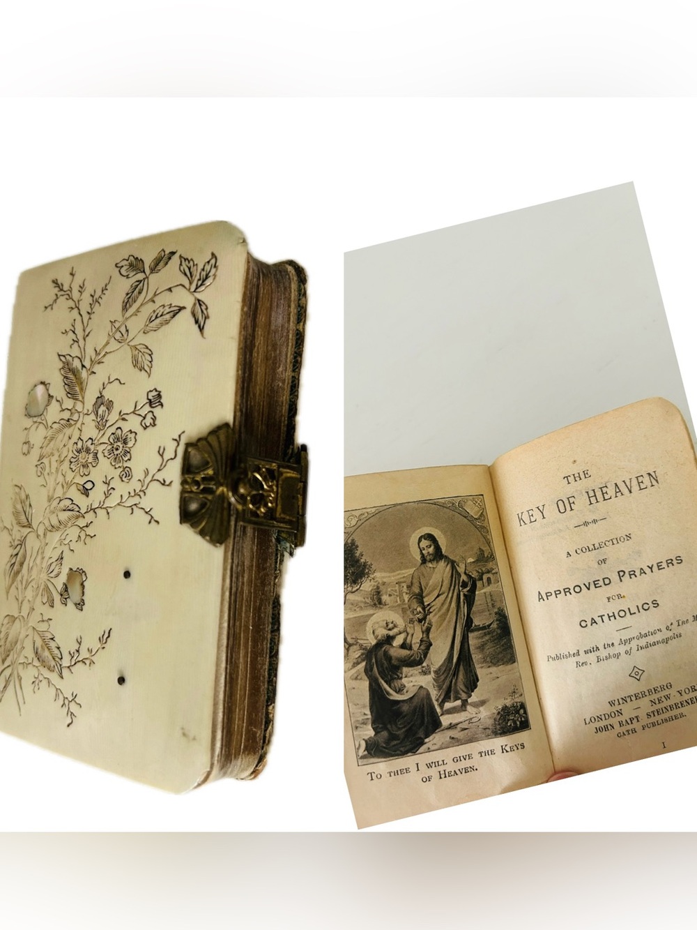 Antique Victorian Era Ivory Floral Etched Catholic Prayer Booklet